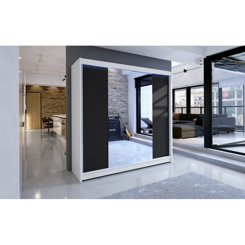 180 cm-es gardróbszekrény tükörrel és LED RGB világítással VILMA 2 - fehér / fekete