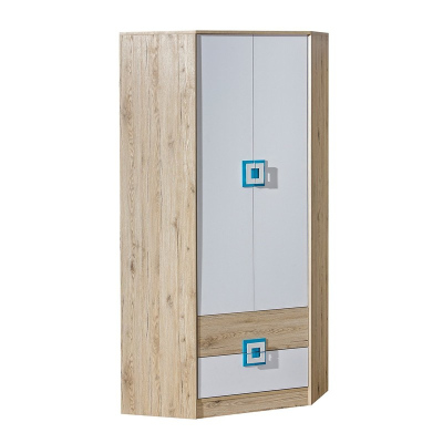 Sarokszekrény 87 cm ALBA 1 - világos tölgy / fehér / türkiz