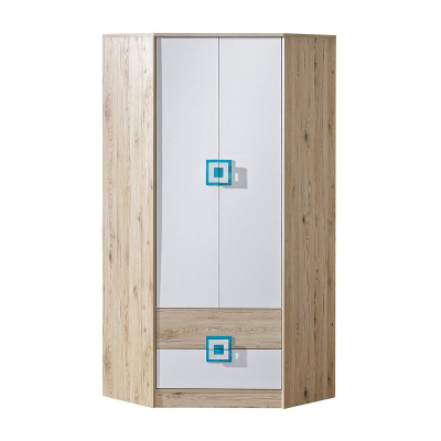 Sarokszekrény 87 cm ALBA 1 - világos tölgy / fehér / türkiz