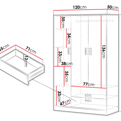 Gardróbszekrény 120 cm ALBA - világos tölgy / fehér / türkiz