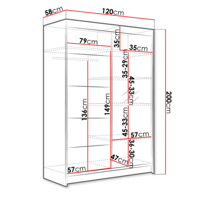SAMANRE 3 tolóajtós gardróbszekrény 120 cm tükörrel és RGB LED világítással - sonoma tölgy