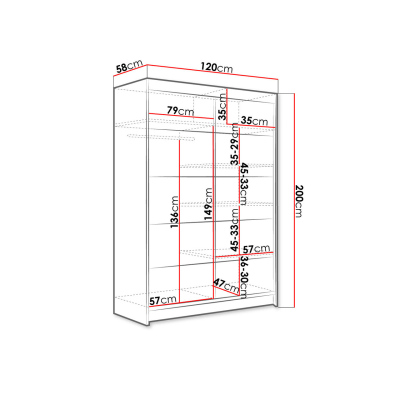 SAMANRE 4 tolóajtós gardróbszekrény 120 cm RGB LED világítással - fehér / sonoma tölgy