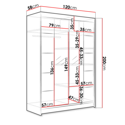 SAMANRE 5 tolóajtós gardróbszekrény 120 cm tükörrel és RGB LED világítással - fekete 
