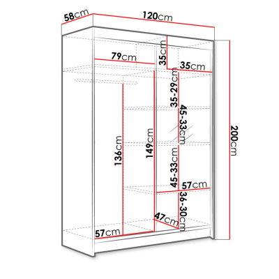 SAMANRE 1 tolóajtós gardróbszekrény 120 cm tükörrel és RGB LED világítással - fehér / sonoma tölgy