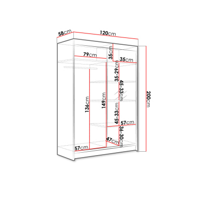SAMANRE 1 tolóajtós gardróbszekrény 120 cm tükörrel és RGB LED világítással - fehér / sonoma tölgy