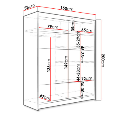 Kombinált gardrób 150 cm tolóajtókkal és LED világítással PIRITU 4 - fehér / fekete