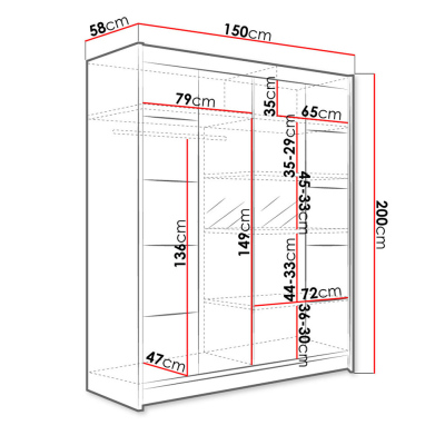 Tükrös gardróbszekrény 150 cm tolóajtókkal és LED világítással PIRITU 5 - fekete / fehér