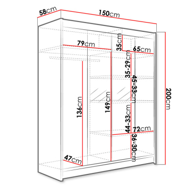 150 cm-es gardróbszekrény tükörrel és LED világítással PIRITU 2 - fekete