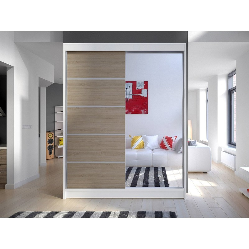 Gardróbszekrény 150 cm tükörrel és LED világítással PIRITU 3 - fehér / sonoma tölgy