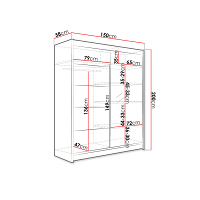 150 cm-es gardróbszekrény tükörrel és LED világítással PIRITU 3 - fekete / fehér