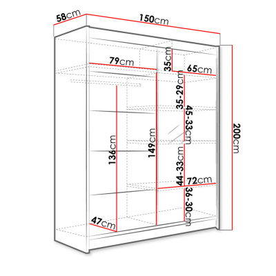 PIRITU 3 tükrös gardróbszekrény LED világítással 150 cm - fekete