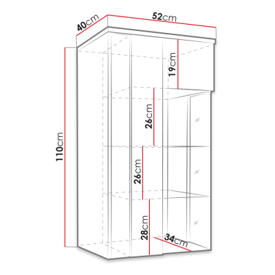Függesztett vitrin LED világítással BANTRY 3 - fehér / fényes fehér / natúr furnér, bal oldali
