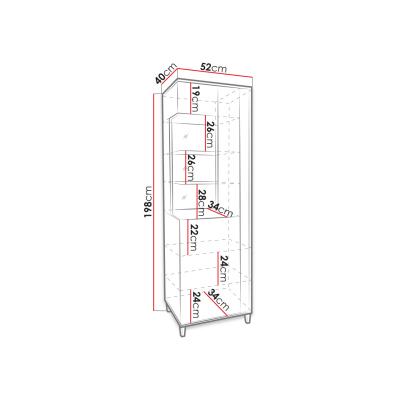 Magas vitrin LED világítással BANTRY 1 - fehér / fényes fehér / natúr furnér, eredeti