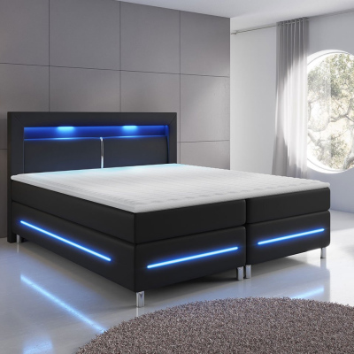 Boxspring franciaágy LED világítással 180x200 GALWAY - fekete ökobőr + INGYENES topper