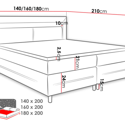 Boxspring franciaágy LED világítással 180x200 GALWAY - fekete ökobőr + INGYENES topper