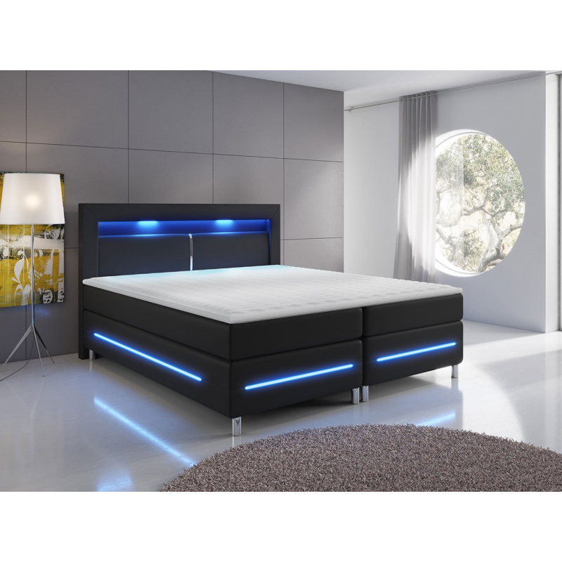 Boxspring franciaágy LED világítással 160x200 GALWAY - fekete ökobőr + INGYENES topper