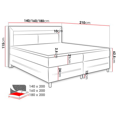 Boxspring franciaágy LED világítással 160x200 GALWAY - fekete ökobőr + INGYENES topper