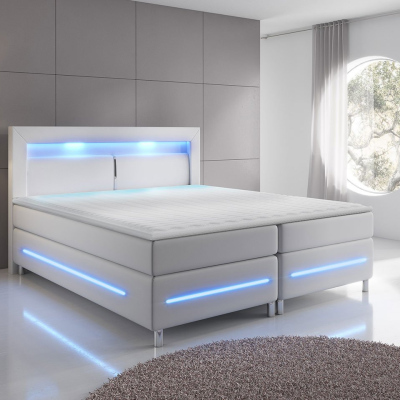 GALWAY boxspring franciaágy LED világítással 160x200 - fehér ökobőr + INGYENES topper