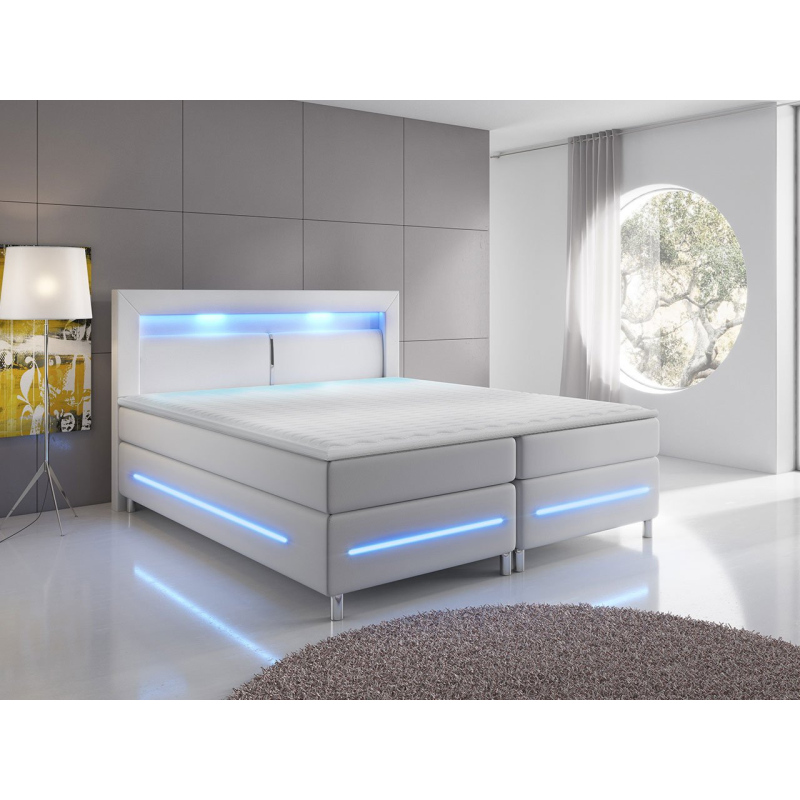 GALWAY boxspring franciaágy LED világítással 160x200 - fehér ökobőr + INGYENES topper