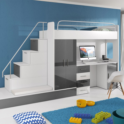 GORT gyermek többfunkciós emeletes ágy ágyráccsal 80x200 - fehér / szürke