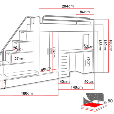 GORT gyermek többfunkciós emeletes ágy ágyráccsal 80x200 - fehér / szürke