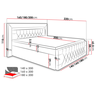 DEBLIN boxspring ágy LED világítással és tárolóval 180x200 - szürke + INGYENES topper