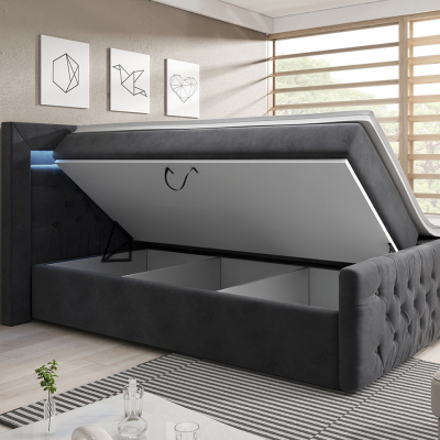 DEBLIN boxspring ágy LED világítással és tárolóval 180x200 - szürke + INGYENES topper