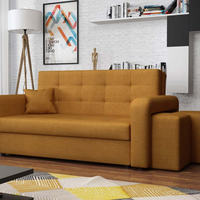 BELA HOME 2 kihúzható kanapé zsámolyokkal - mustár, jobb oldali kialakítás