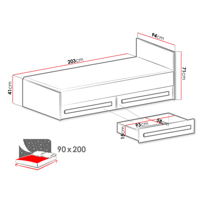 TUCHIN egyszemélyes ágy 90x200 - fehér / csillogó fehér / szürke