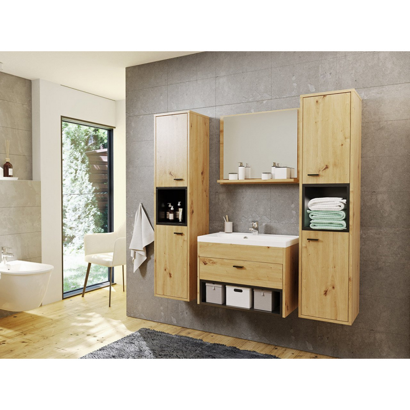 Fürdőszoba szett mosdóval BEND 1 - fekete / artisan tölgy + INGYENES Platino csaptelep