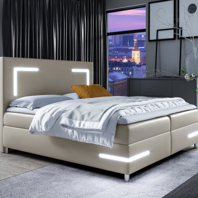 KAZIMA kárpitozott ágy világítással - 180x200, bézs + INGYENES topper