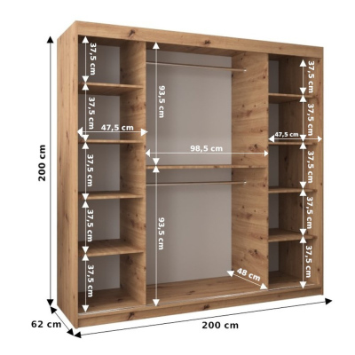 ENNI gardrób szekrény - 200 cm széles, fekete / artisan tölgy