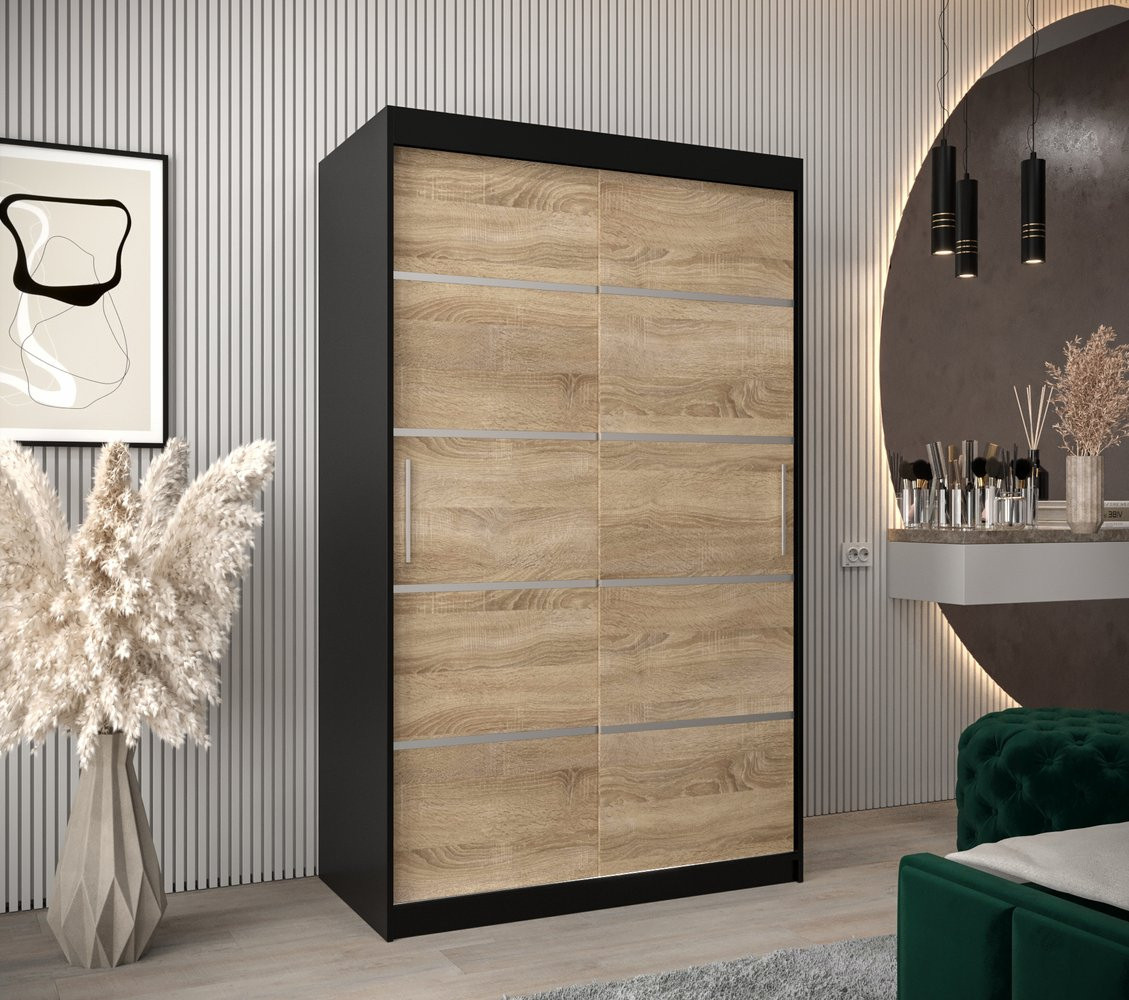 ENNI gardrób szekrény - 120 cm széles, fekete / sonoma tölgy