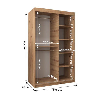 ENNI gardrób szekrény - 120 cm széles, fekete / sonoma tölgy