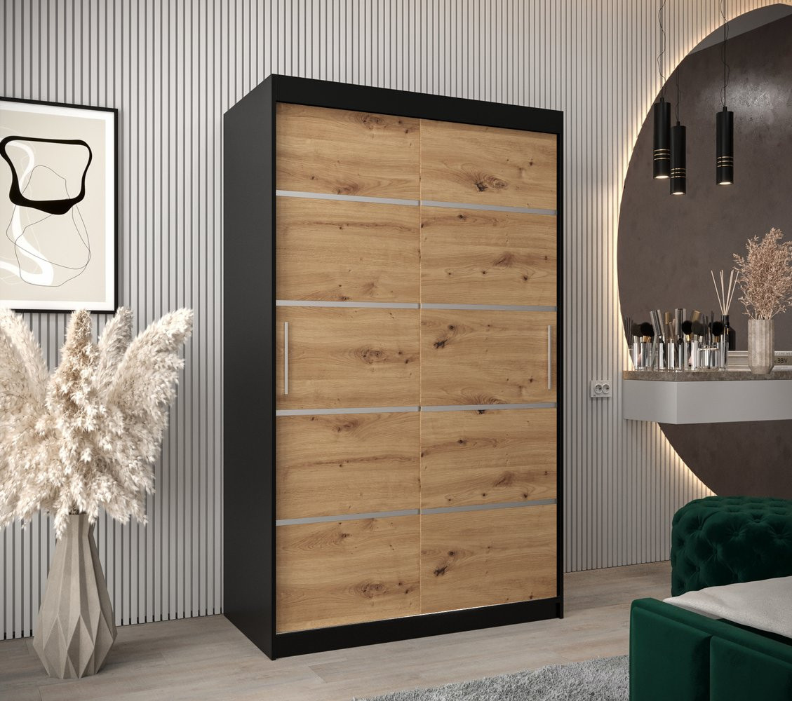 ENNI gardrób szekrény - 120 cm széles, fekete / artisan tölgy
