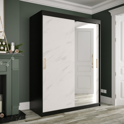 MAREILLE 3 tükrös szekrény tolóajtókkal - szélesség 150 cm, fekete / fehér márvány