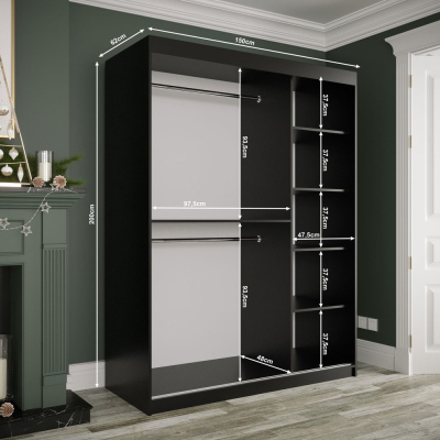MAREILLE 3 tükrös szekrény tolóajtókkal - szélesség 150 cm, fekete / fekete márvány