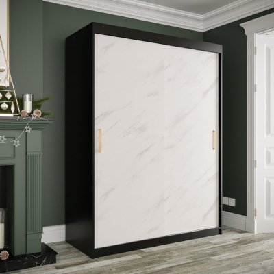 MAREILLE 1 tolóajtós gardróbszekrény - szélesség 150 cm, fekete / fehér márvány