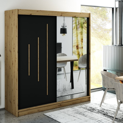 LURDES 9 tükrös szekrény tolóajtókkal - szélesség 200 cm, artisan tölgy / fekete