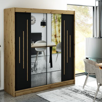 LURDES 8 tükrös szekrény tolóajtókkal - szélesség 200 cm, artisan tölgy / fekete