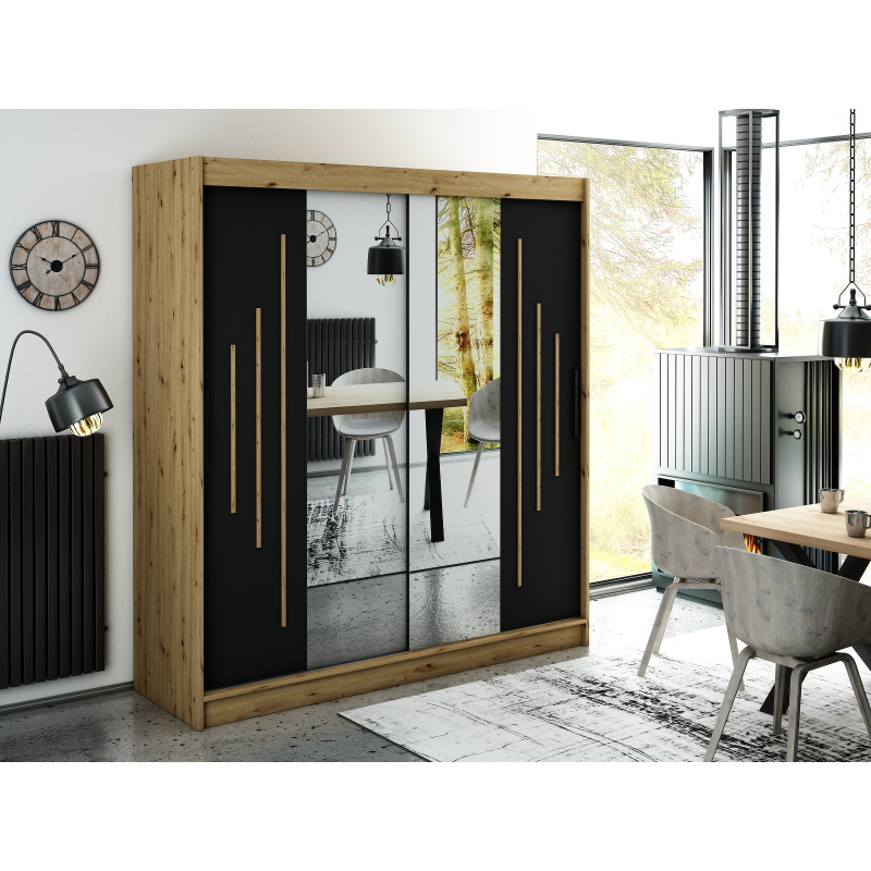 LURDES 8 tükrös szekrény tolóajtókkal - szélesség 200 cm, artisan tölgy / fekete