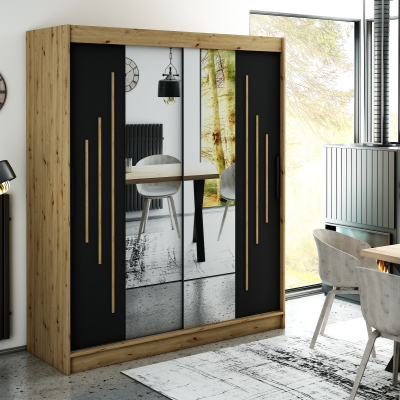 LURDES 8 tükrös szekrény tolóajtókkal - szélesség 180 cm, artisan tölgy / fekete