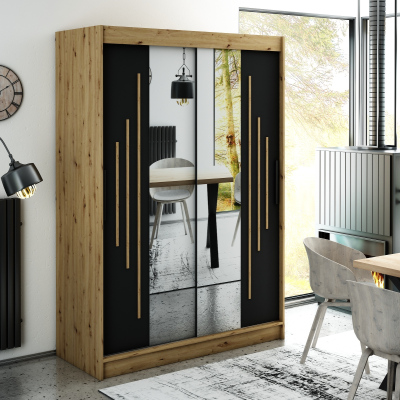 LURDES 8 tükrös szekrény tolóajtókkal - szélesség 150 cm, artisan tölgy / fekete