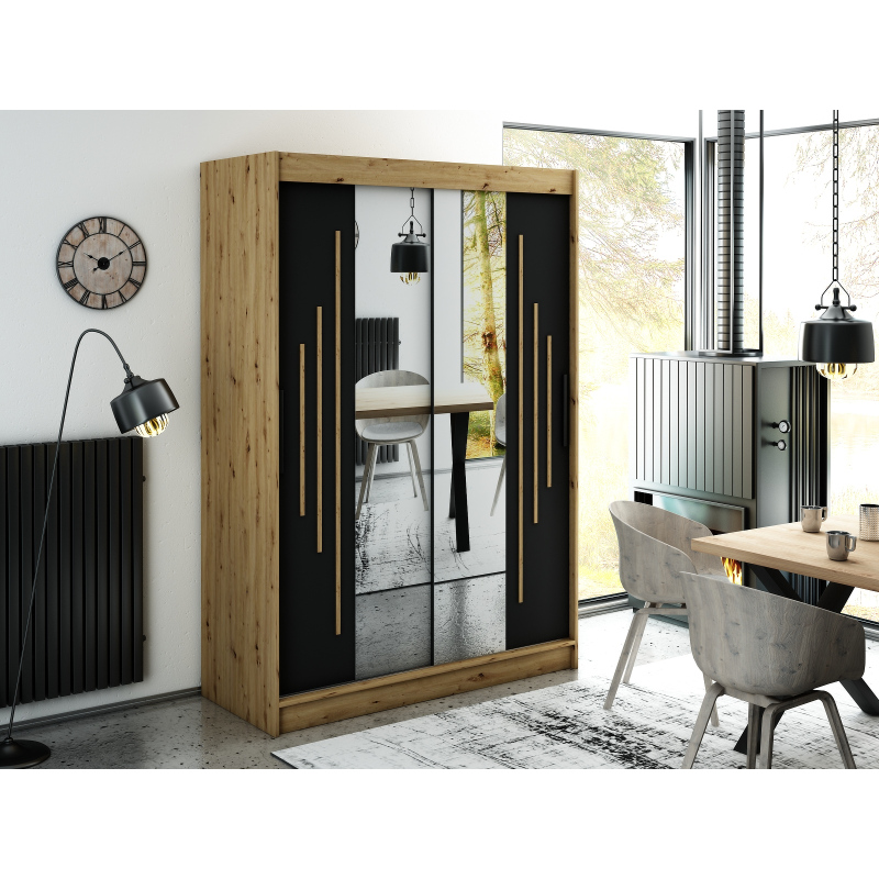 LURDES 8 tükrös szekrény tolóajtókkal - szélesség 150 cm, artisan tölgy / fekete
