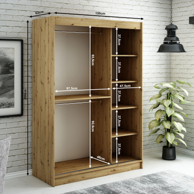 LURDES 8 tükrös szekrény tolóajtókkal - szélesség 150 cm, artisan tölgy / fekete