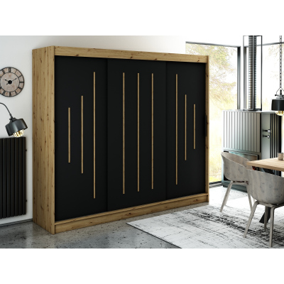 LURDES 7 tolóajtós gardróbszekrény - 250 cm széles, artisan tölgy / fekete