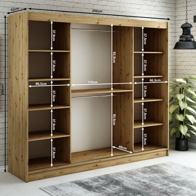 LURDES 7 tolóajtós gardróbszekrény - 250 cm széles, artisan tölgy / fekete