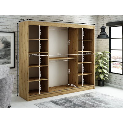LURDES 7 tolóajtós gardróbszekrény - 250 cm széles, artisan tölgy / fekete