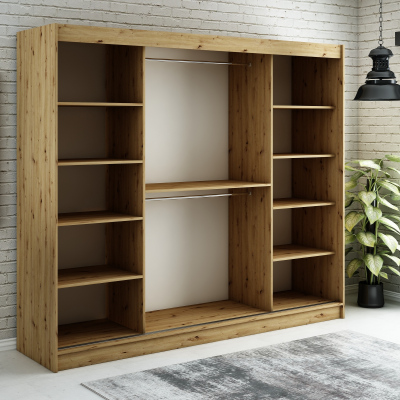 LURDES 7 tolóajtós gardróbszekrény - 250 cm széles, artisan tölgy / fekete