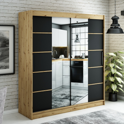 LURDES 6 tükrös szekrény tolóajtókkal - szélesség 200 cm, artisan tölgy / fekete